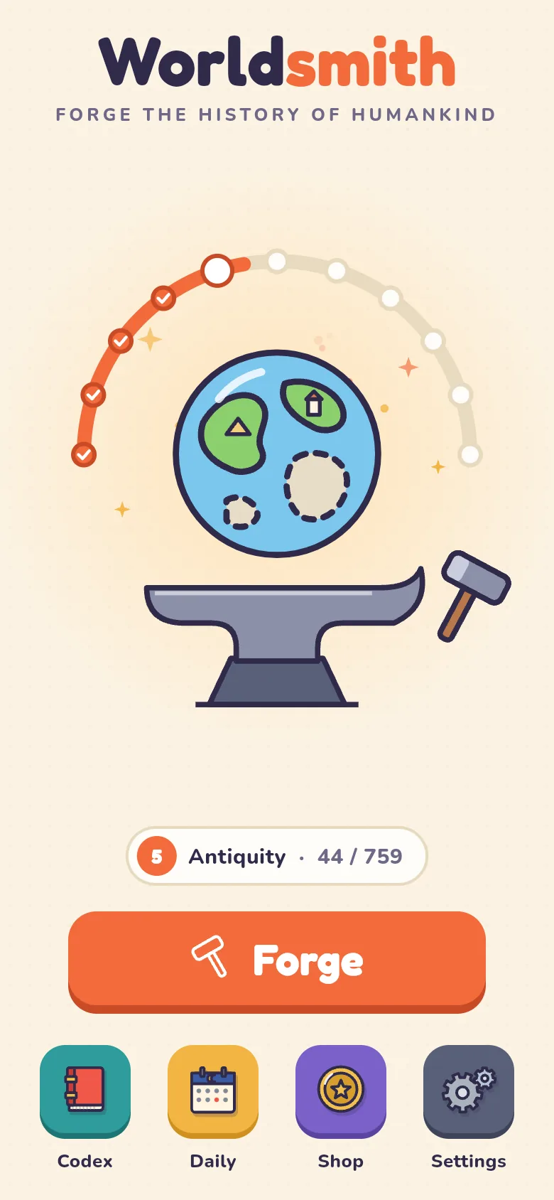 Worldsmith main menu: a globe resting on an anvil under the era ring